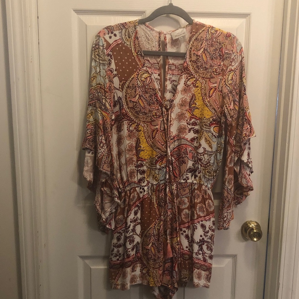 Paisley Tie-Front Mini Dress Romper in Brown Multi